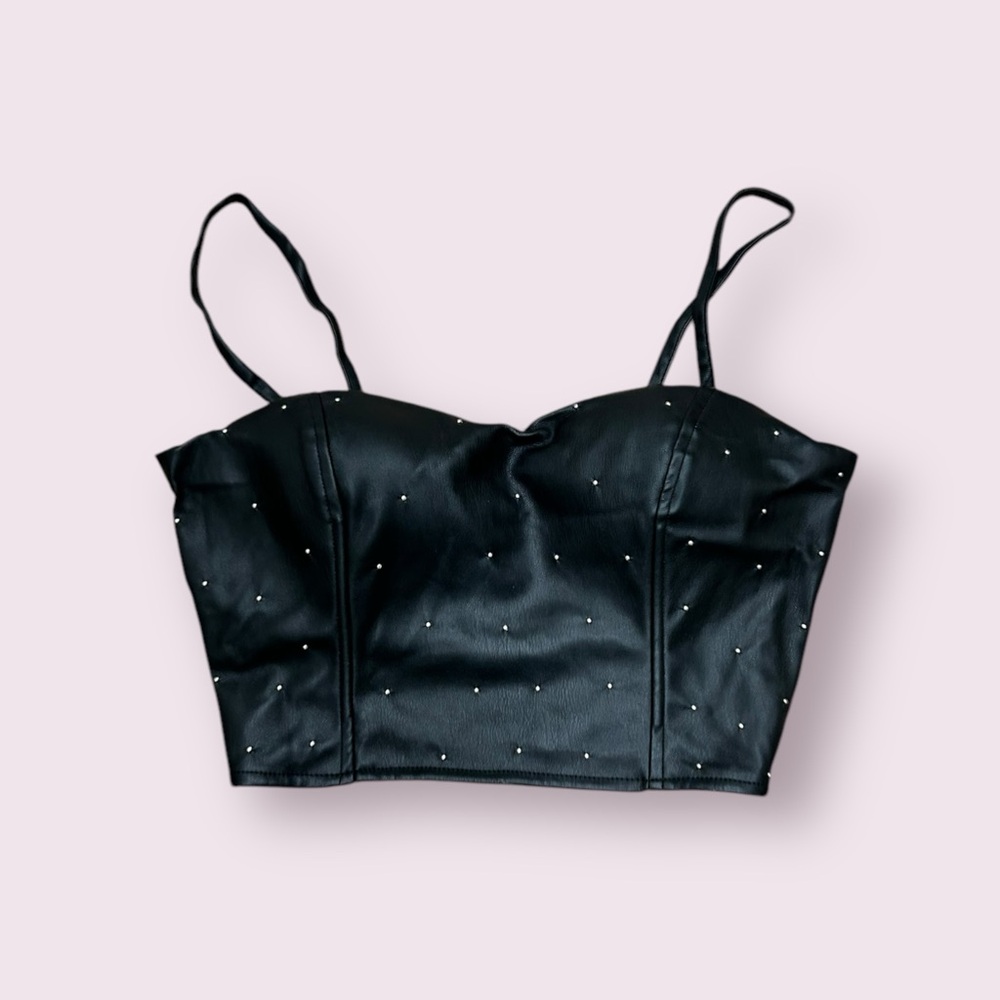 Faux Leather Cropped Corset with Silver Spikes - Size M - Edgy & Stylish
